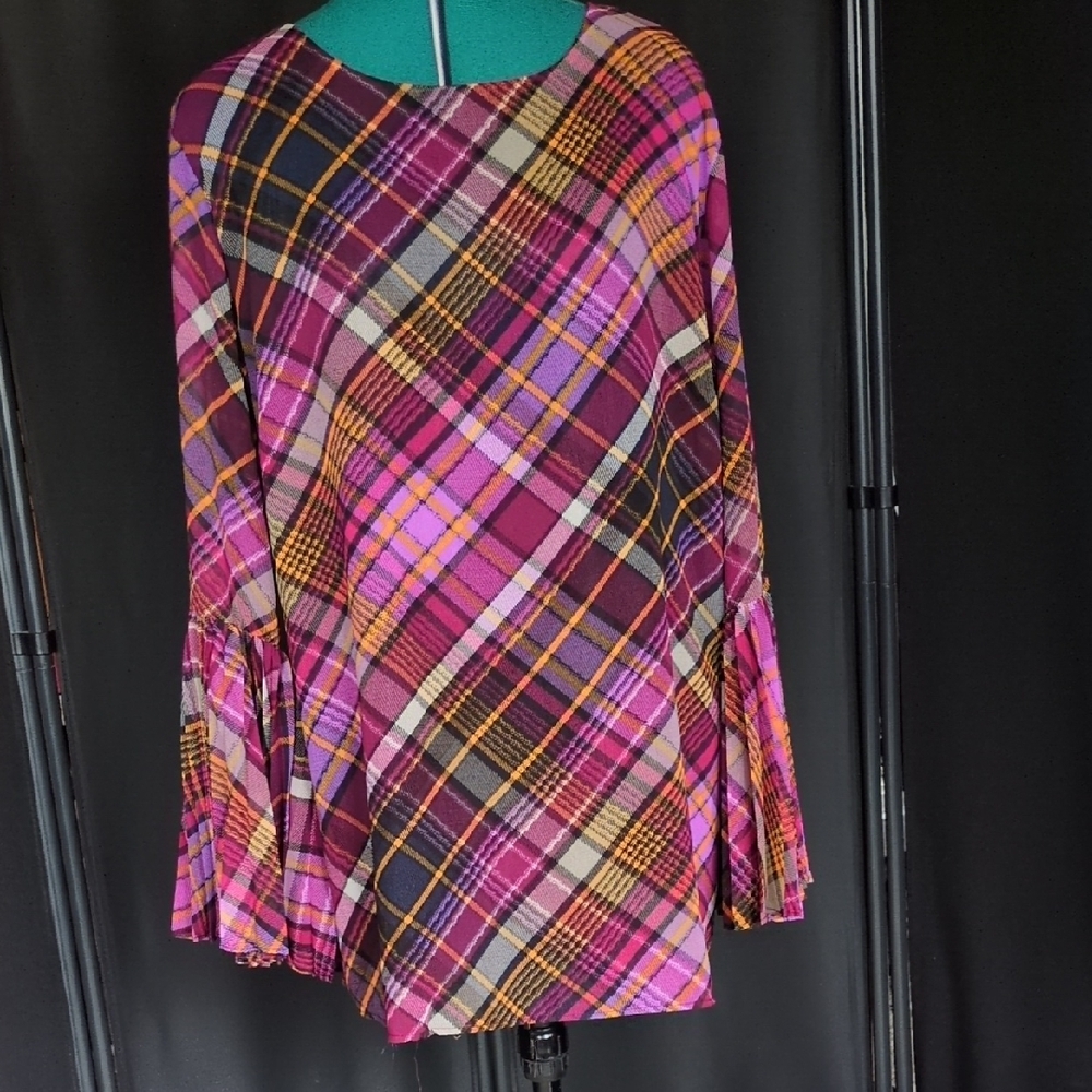 Nygard Plaid Women's Top with pleated flutter sleeves